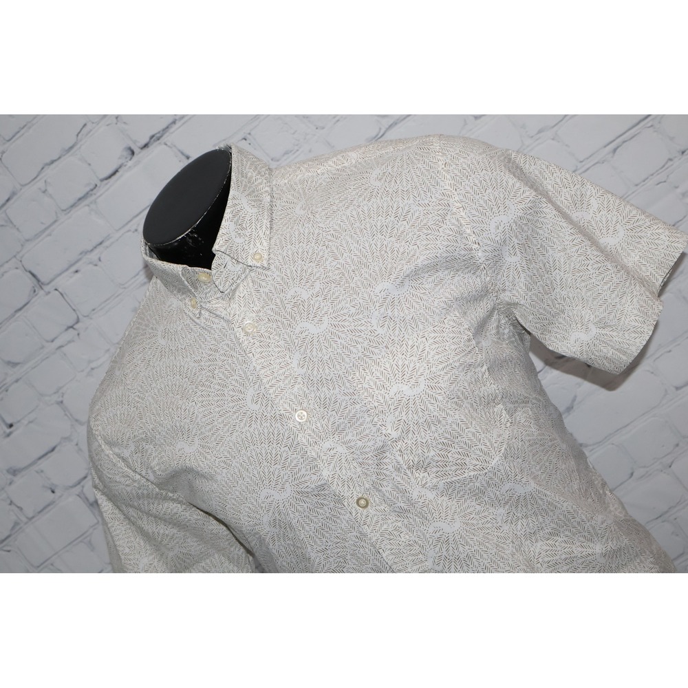 Banana Republic Dress Shirt Mens Large White Tan Geometric Floral Slim Flex Fit
